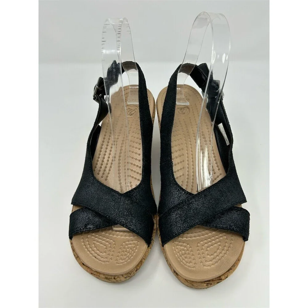 Crocs A-Leigh Womens Black Slingback Wedge Sandals Peep Toe Crisscross Size 7